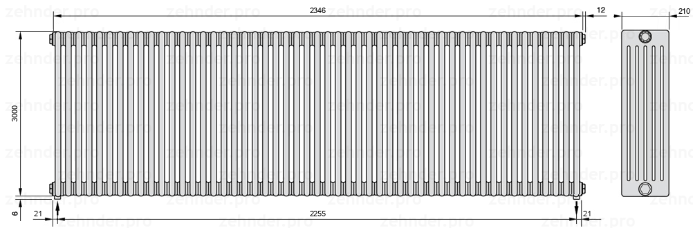 Схема (чертеж) Радиатор Zehnder Charleston 6300/51 №3570 Белый глянцевый RAL 9016